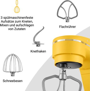 Кухонний комбайн KLAMER 1800W, планетарний міксер для тіста з чашею з нержавіючої сталі 6л (Premium Yellow)