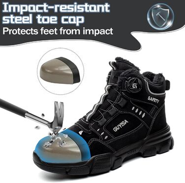 Черевики робочі зимові чоловічі/жіночі, зимові безпечні черевики з підкладкою, водонепроникні, черевики безпеки зі сталевим підноском, антиковзаючі, теплі, зі швидкою застібкою, самозатягуючі, 36-46 EU (Чорний, 46 EU)