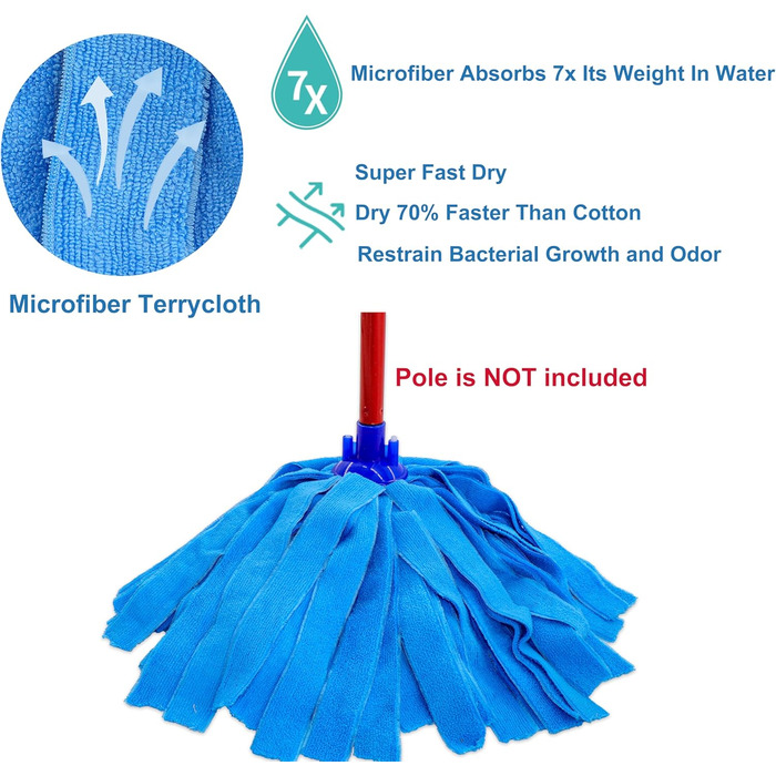 6-Piece Blue Microfiber Mop Replacement Heads, compatible with O-Cedar Microfiber Cloth Mop, Mop Refill Pack, for 2 cm Diameter Mop Handle