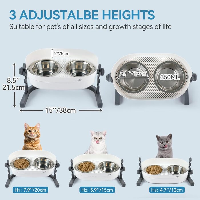 Підвищений годівниця для котів ALL FOR PAWS - 3-рівневий регульований підставка для мисок з 2 мисками з нержавіючої сталі (350 мл), антиковзаюча та захищена від розливу, для кошенят, середніх та великих котів (44 * 26 * 19 см)