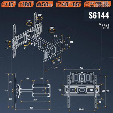 Настінне кріплення для телевізора RICOO S6144 поворотне 40-65 дюймів, до 50 кг, VESA 200x200 - 400x400