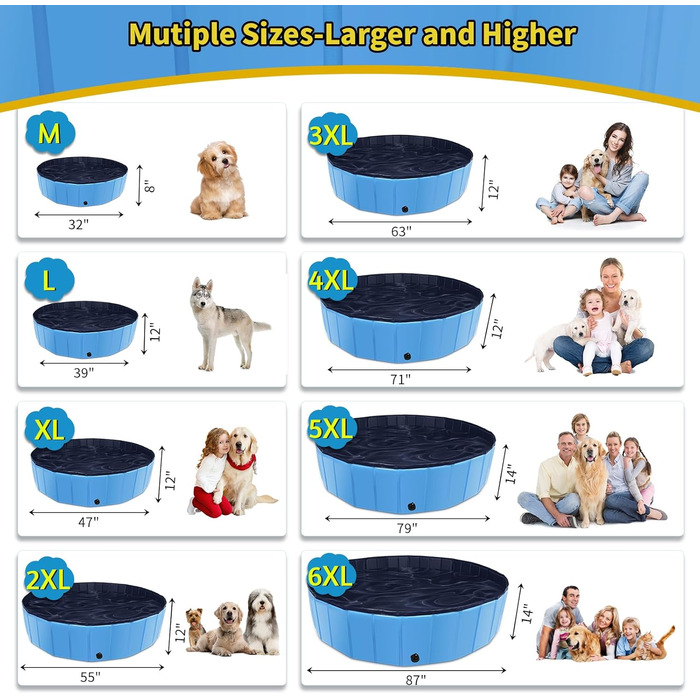 Foldable Dog Pool, 100 x 30.5 inches, Oversized, Hard Plastic, Portable, Swimming Pool for Dogs, Cats, and Children, Pet, Puppy Bathtub, Foldable, Kiddie Pool (Blue, 200cm)