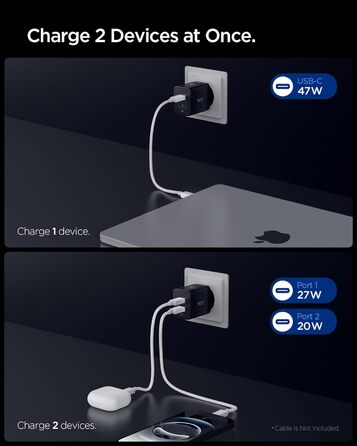 Зарядний пристрій Spigen ArcStation Essential GaN 47W 2xUSB-C з PPS та PD 3.0, чорний