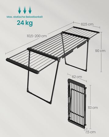 SONGMICS Сушарка для білизни, металева, 52.5 x 173 x 96.5 см, з крилами, для одягу, рушників, шкарпеток, чорна (LLR518G01)