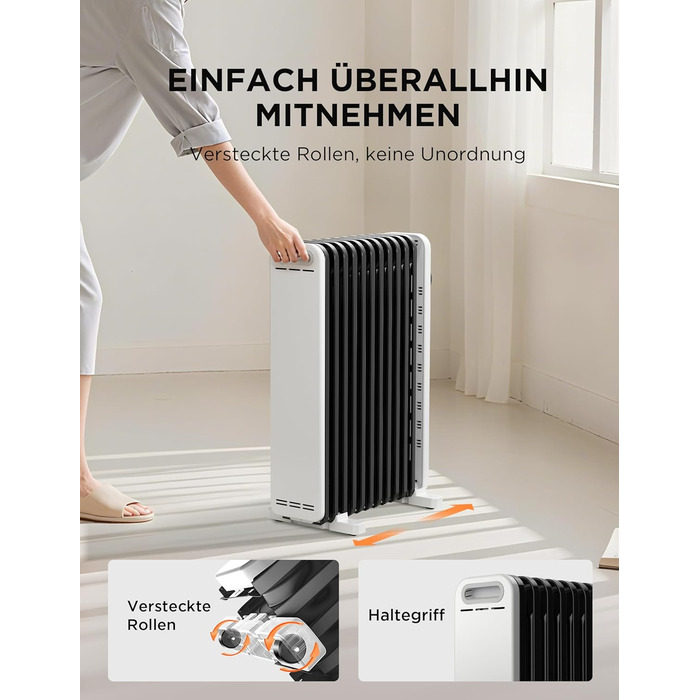 Електричний масляний радіатор Midea 2000W з 11 ребрами, 3 режими нагріву, термостат, захист від перекидання та перегріву, тихий, для дому та офісу