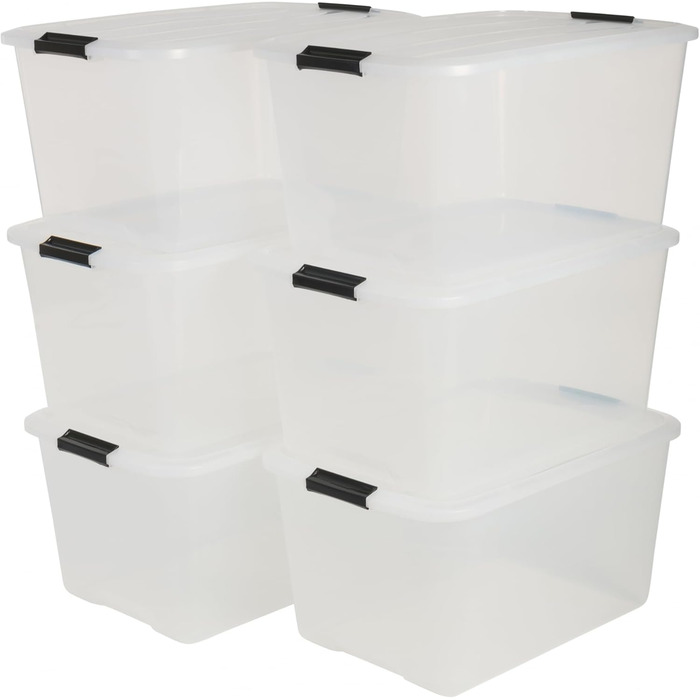 Iris Ohyama Storage Box with Lid, 45L, Set of 6, Transparent, Snap-Lock Closures with Handles, Stackable, Strong & Durable, For Clothing, Garage, Home, Office, Plastic Box, Storage TB-45