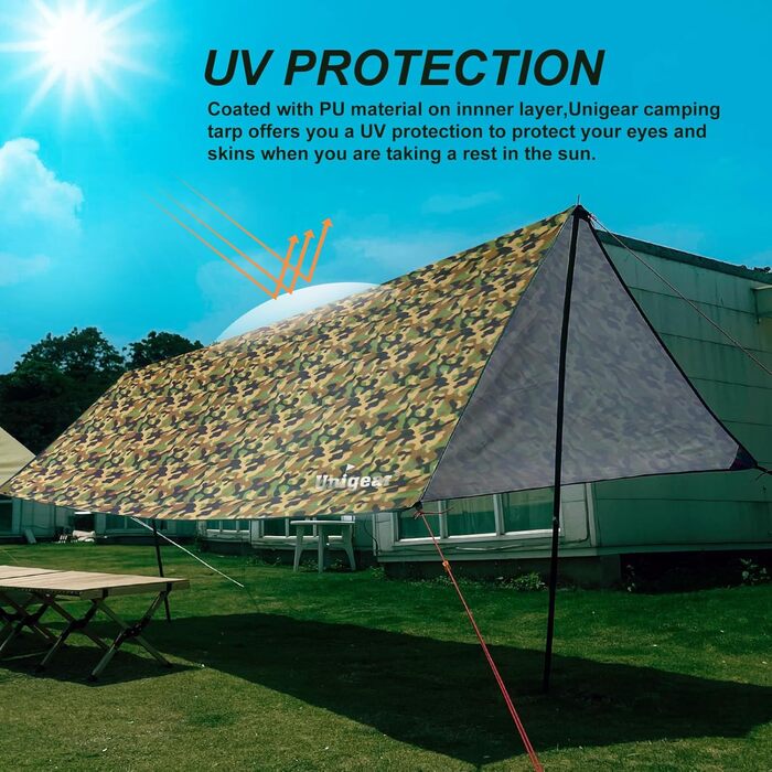 Тент Unigear 3x3/3x4/3x5/4x4 м, водонепроникний, для намету, гамаку, кемпінгу, пікніків (камуфляж, жовто-зелений, 3x4 м)
