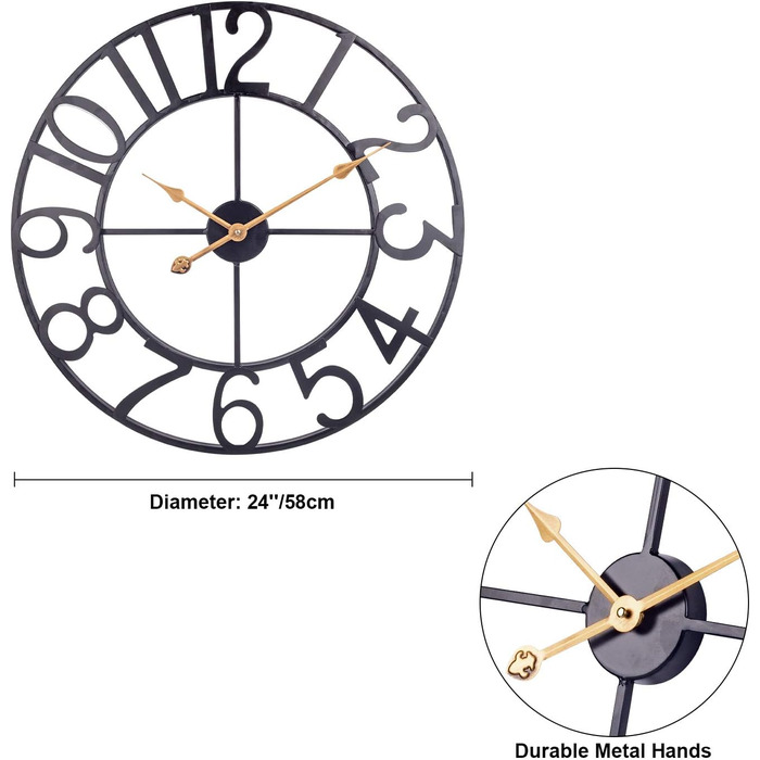 Large European-Style Industrial Vintage Wall Clock with Roman Numerals, Silent No Ticking Sounds Metal Wall Clock, Decorative Wall Clock for Living Room, Kitchen, Bedroom - (Black Arabic, 76cm)