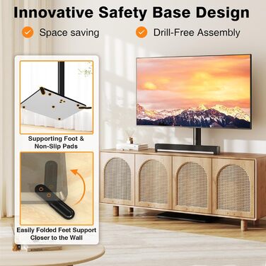 Підставка для телевізора TVON на підлозі з кріпленням для більшості телевізорів 81,3 - 152,4 см (32-60 дюймів) до 40 кг, регульована по висоті, з дерев'яною основою, для економії місця, підлогова підставка для телевізора (Чорний, Дерев'яна основа)