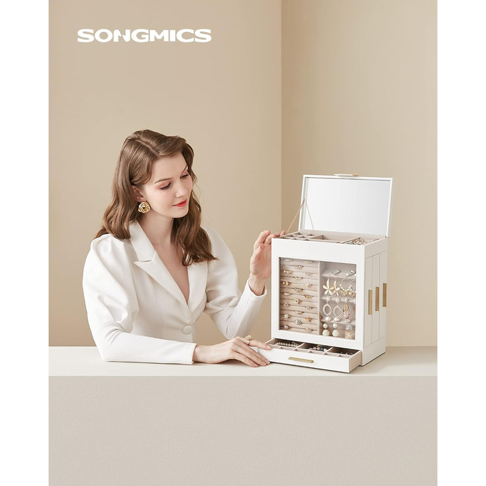 SONGMICS Скринька для прикрас, скринька для ювелірних виробів, 5 ярусів, з дзеркалом, білий + золотий, 15,5 x 26,1 x 32 см