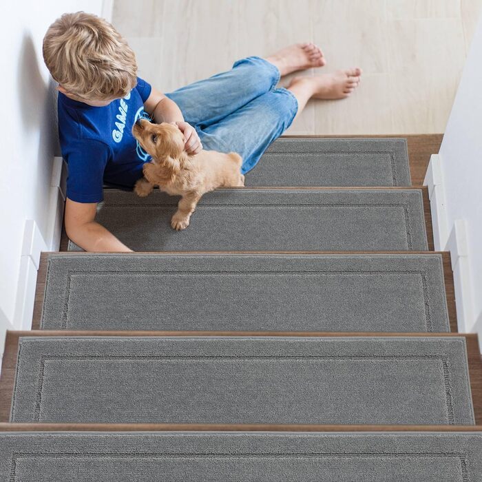 Килимок для сходів JSEI, антиковзкий, набір з 4 шт., 20.3 x 76.2 см, 100% поліестер, TPE-підкладка, сірий