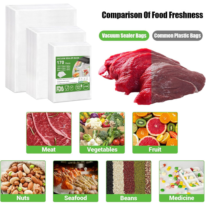 Omtofo 170-Piece Vacuum Bags 15x25cm + 20x30cm + 28x40cm Embossed, BPA-Free, Tear-Resistant, Vacuum Sealer Bags for All Home Vacuum Sealers, Professional Vacuum Bags Food Sous Vide Freezer Bags