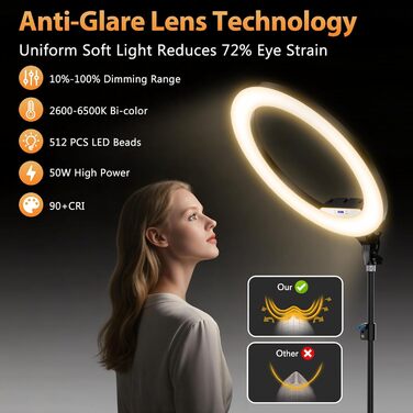 Кільцеве світло 22 дюйма з штативом 175 см, LED дисплей, 2 USB порти, регульована яскравість, для фото та відео, TikTok, макіяж, тату, б'юті-блогер, стиліст, барбер, фотограф, чорний