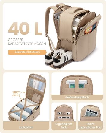 Рюкзак LOVEVOOK для жінок, 40L, ручна поклажа, для подорожей, з відділенням для взуття та ноутбука 17 дюймів, водонепроникний, для бізнес-поїздок та відпочинку, бежевий