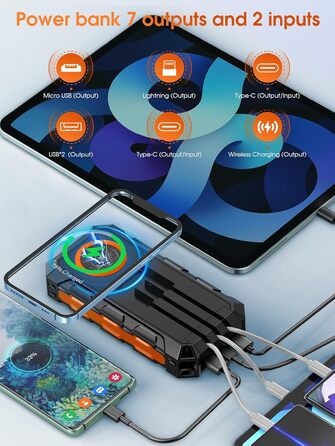 Портативний зарядний акумулятор 52800 mAh з сонячною зарядкою та бездротовою зарядкою, водонепроникний, 5 виходів, 3 входи, ліхтарик, карабін, QC 30W та USB-C PD 20W для мобільних телефонів (Оранжевий)