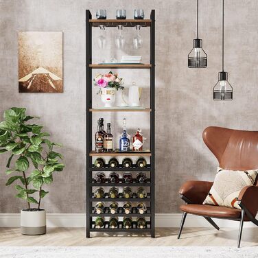 Tribesigns 20 Bottle Wine Baker's Rack, Freestanding Wine Rack, 9 Tiers, Industrial Freestanding Wine Rack Wine Bar with Glass Holder, Bottle Rack for Bar, Kitchen, Dining Room, (Rustic Brown, 2 PC)
