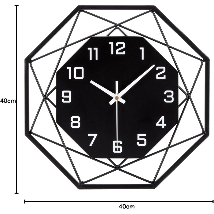 VIVILINEN Wall Clock No Ticking 40cm Wrought Iron MDF Quartz Clock Modern Battery-Powered Silent Clock for Living Room Bedroom 40x40cm