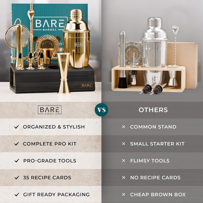 Професійний набір для коктейлів BARE BARREL Mixology Barkeeper Kit, 14 предметів, золотий, з шейкером Коблер 24oz та картками рецептів