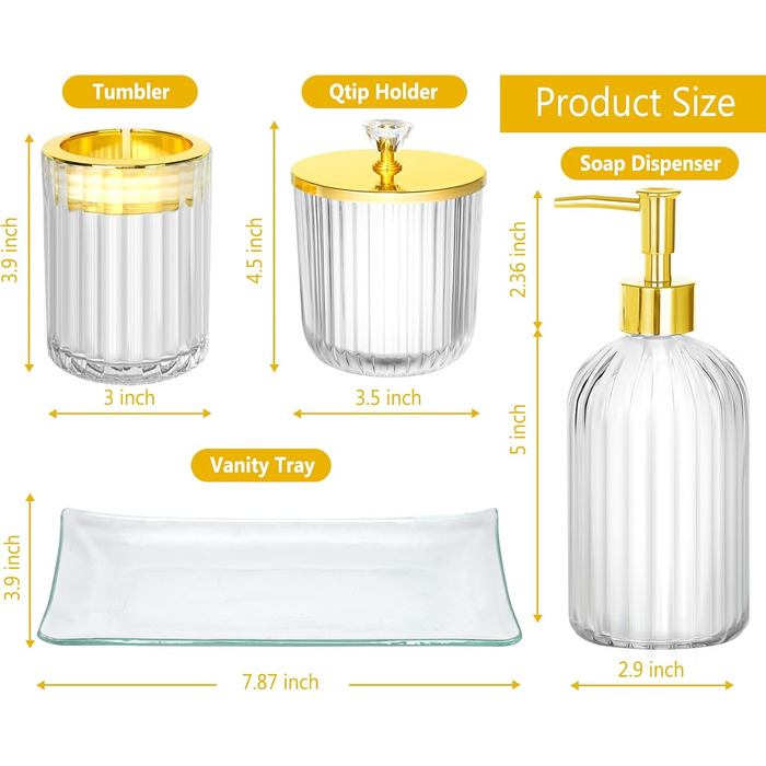 Haturi Bathroom Accessory Set, 4-Piece, Glass Bathroom Accessory Set, Complete with Lotion Soap Dispenser, Toothbrush Holder, Apothecary Jar, Vanity Tray, Bathroom Decor, Gift for (Transparent)