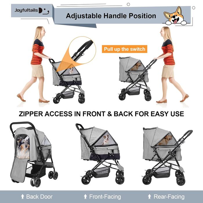 Складаний візок для собак, переноска для тварин до 20 кг, сірий. Підходить для собак та котів