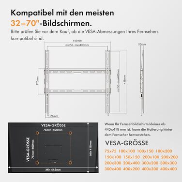 Кріплення для телевізора VonHaus для екранів 32-70 дюймів, ультратонке, з рівнем, VESA 400x400, до 45 кг