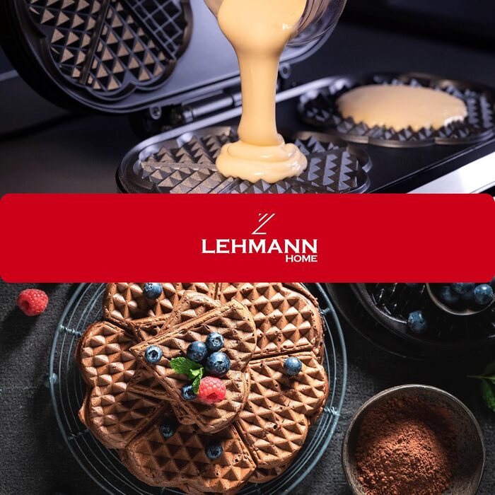 Вафельниця LEHMANN Doppel Waffeleisen Herzform - для випікання 10 вафель у формі серця, з антипригарним покриттям, регулюванням температури, індикатором нагріву, 1200W, чорний/срібний