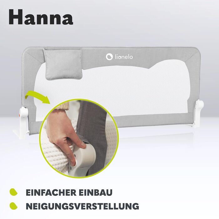 Захисний бортик для ліжка Lionelo Hanna 150x66 см, складаний на 180°, сітчастий, легкий монтаж, блокування, SecureBelt, міцна конструкція, сірий