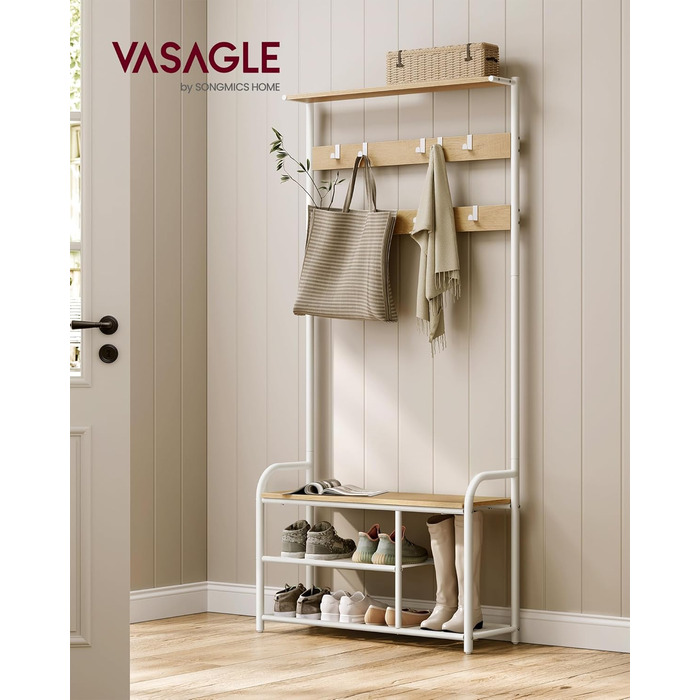 VASAGLE Coat Rack, Wardrobe, Clothes Rack with 9 Hooks, Shoe Bench, Shelf, 30 x 85 x 180.5 cm, for Entryway, Bedroom, Small Apartments, Industrial Design, Vintage Brown-Black HSR409B01 (Oak Color + White)