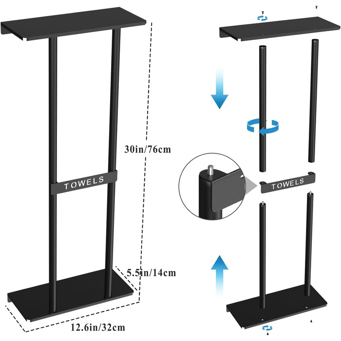 Тримач для рушників на стіну, чорний, 76 см, з полицею. Металевий тримач для рушників та гостей. Аксесуар для ванної кімнати.