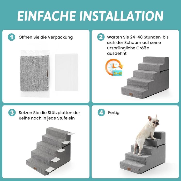 Сходи для собак, 5 сходинок, з щільного пінополіуретану, для ліжка, дивану, софи, 60 см, знімна, для котів та літніх/травмованих собак (сірий, 50x75x60, 5)