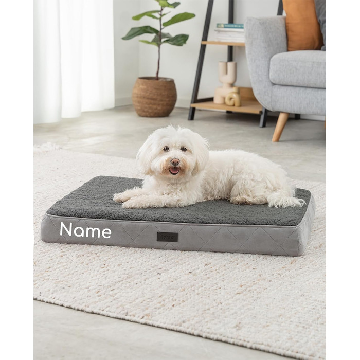 Ортопедичне ліжко для собак Lionto, 60x40x8 см, міцне, з м'яким плюшем, знімний та пральний чохол, водовідштовхувальне, для собак та котів, сірий (76x51x8 см з нанесенням імені)