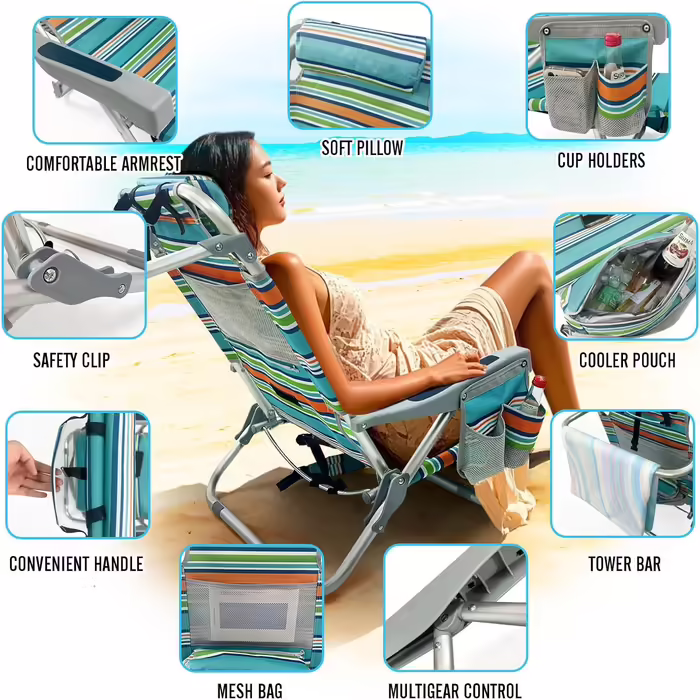 WKFAMOUT Folding Beach Chair with Folding Table, 5 Position Backpack Chair for the Beach, High-Back Camping Chair with Cooler Bag, Adjustable Backrest and Carrier, White 1 Piece (Orange, 2 Pieces)