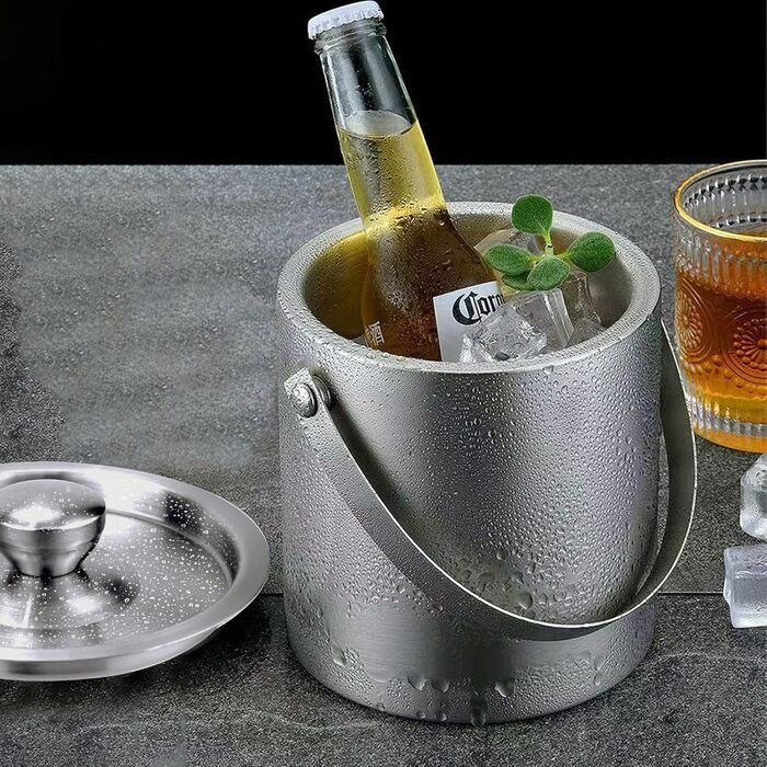 Ейскюбель 2L: Ізольований ейскюбель з кришкою та шуфлером з нержавіючої сталі. Ідеально для пива, шампанського, вина та напоїв.