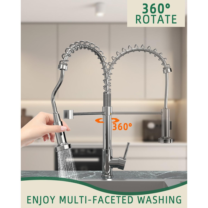 Кухонний змішувач з висувним виливом та душем, поворотний на 360°, з двома режимами розпилення, одноlever, хром