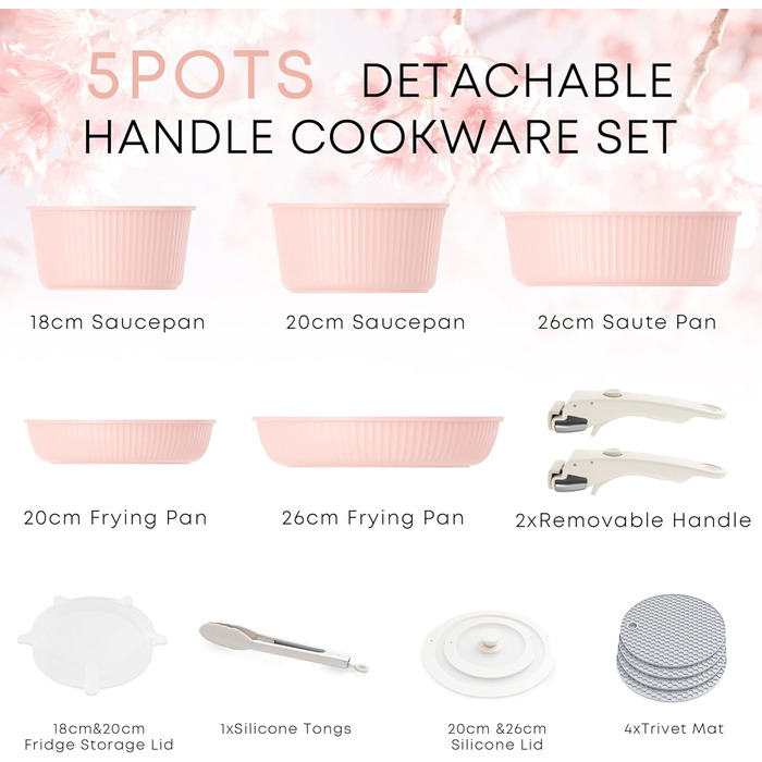 RIOVARM Induction Cookware Set - 16 PCS Nonstick Granite Pots & Pans with Removable Handles, Silicone Lids, Stackable & PFOA-Free - Sakura Pink
