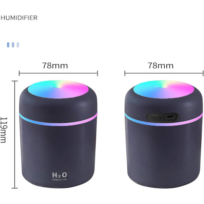 Аромадифузор Mini Luftbefeuchter: USB ультразвуковий зволожувач повітря з резервуаром 300 мл, автовимкнення, тиха робота, кольорове нічне підсвічування для авто, офісу, спальні (чорний)