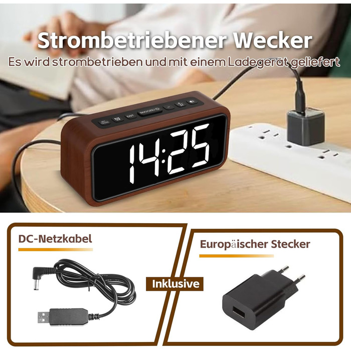 Loud Alarm Clock for Deep Sleepers, Wood Alarm Clock with LED Display, 12 Alarm Ringtone Options, 5 Adjustable Brightness Levels, 5 Volume Levels, Manual DST, Brown Retro Alarm Clock for Bedroom