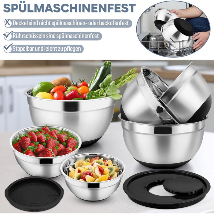 HaWare Mixing Bowl Set of 6, Stainless Steel Bowl Salad Bowl Set with Airtight Lid & 3 Grater Attachments, 4.6L/2.8L/2.5L/1.6L/1.2L/0.7L, Non-Slip Silicone Bottom & Dishwasher Safe, Black