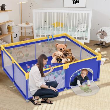 Дитячий манеж UISEBRT 150x180 см з 50 кульками, 4 кільцями, сумкою для перенесення, складаний, з дихаючою сіткою, синій з тваринами