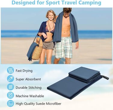 Рушник мікрофібра Flintronic, 200x100 см, великий пляжний рушник, швидковисихаючий, для спорту, подорожей, пляжу, сауни (Темно-синій, (180*90 см)*1 + (80*40 см)*2)