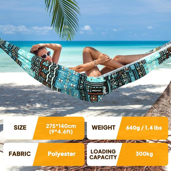 Гамак для кемпінгу NATUREFUN | Легкий, 300 кг, дихаючий, швидковисихаючий, нейлон, 2 карабіни, 2 петлі, армійний зелений (275 x 140 см, Богема)