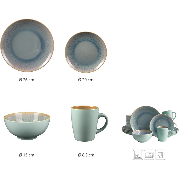 Набір посуду Vintage 'Ana' від ECHTWERK (16 предметів) для 4 осіб. Посуд з порцеляни: 4 тарілки, 4 невеликі тарілки, 4 миски, 4 чашки.