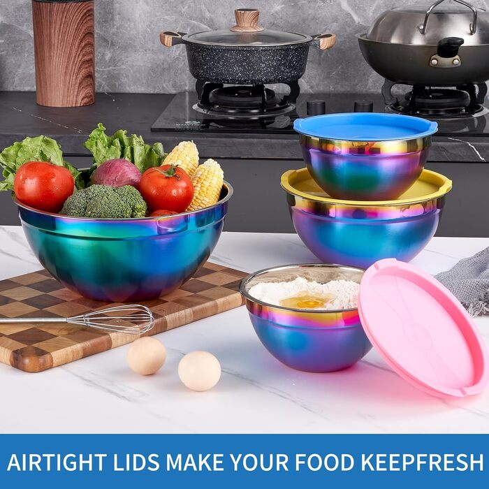 Набір змішувальних мисок Onlycooker Rainbow з кришкою, 18/10 нержавіюча сталь, 4 шт., 1.5, 2.1, 3.6, 5.5 л, для салатів та приготування їжі