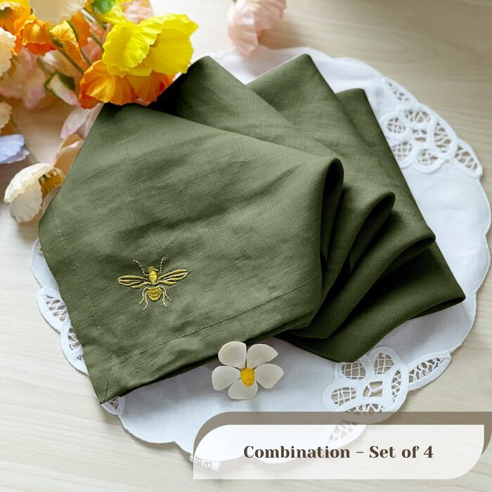 DerF HOME Cloth Napkins, 100% Pure Linen, Embroidered, 18 x 18 inches (45.7 x 45.7 cm), Moss Green, Handcrafted from Flax, Machine Washable, Soft and Durable, Set of 10