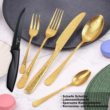 Набір столових приборів на 6 осіб, Targzier, 36 предметів, нержавіюча сталь, з ножем для стейку, високоякісний столовий прибор, ложки, виделки, ножі для сім'ї/вечірки/готелю, чорний, придатний для миття в посудомийній машині, 36 предметів, золотий прибор 