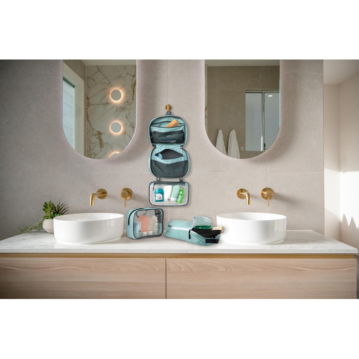 Набір туалетних сумок для подорожей: підвісна сумка + 3 сумки для рідин TSA + органайзер для аксесуарів, білий Ripstop (Dusty Teal)