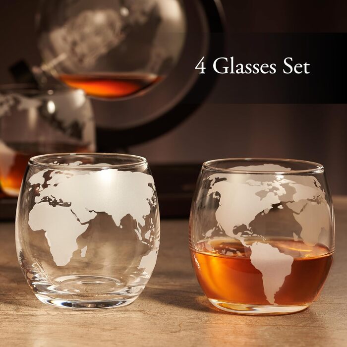 Crystal Whiskey Decanter Globe Set with 4 Glasses - Bourbon, Rum, Scotch Gift for Men, Dad, Him - Transparent Globe Decanter Set