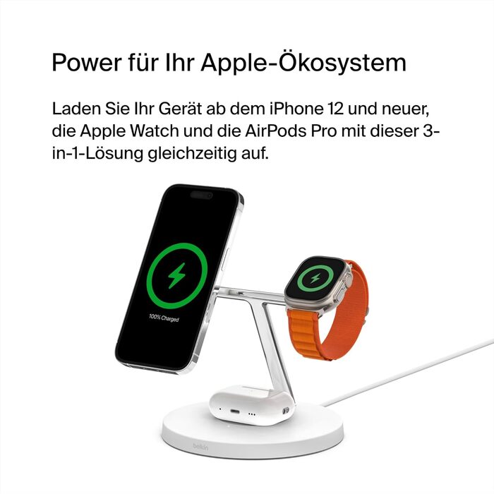 Belkin MagSafe 3-в-1 Бездротова Зарядка: Швидка Зарядка для iPhone, Apple Watch та AirPods (Біла)