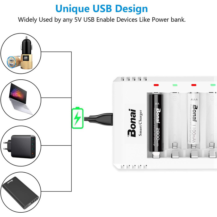 Зарядний пристрій BONAI для акумуляторів AA/AAA NI-MH з LED дисплеєм та USB, 8 слотів, швидка зарядка