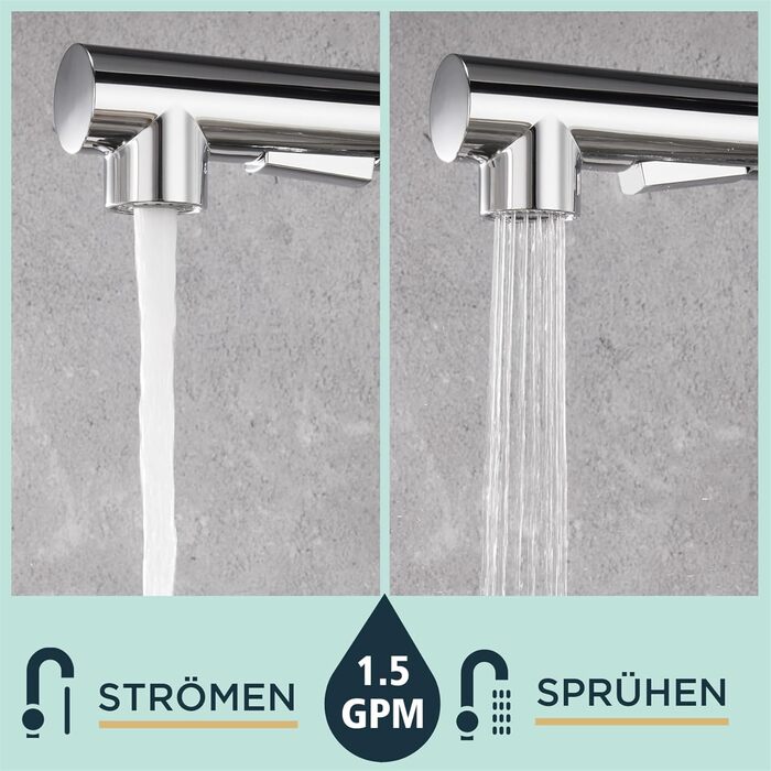 Змішувач для кухні FORIOUS з висувною лійкою та душем, 360° обертання, 2 режими, полірована хром